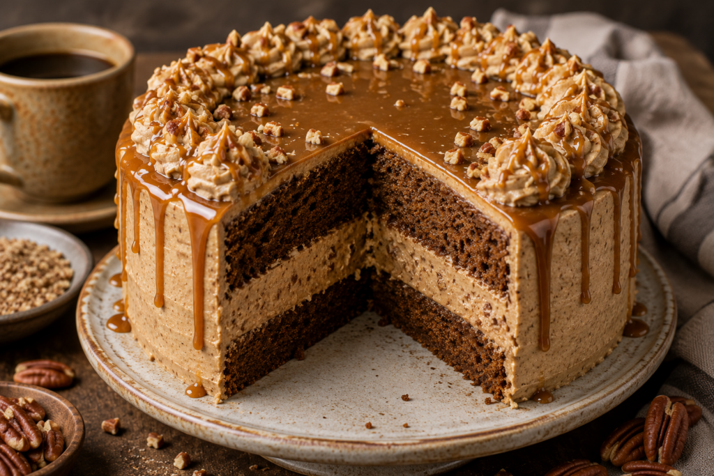 Koffie neute koek met koffie vlavulsel